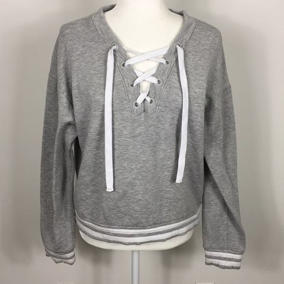 90 Degree By Reflex Tops - 90 Degree Performance Grey Lace Up Sweatshirt